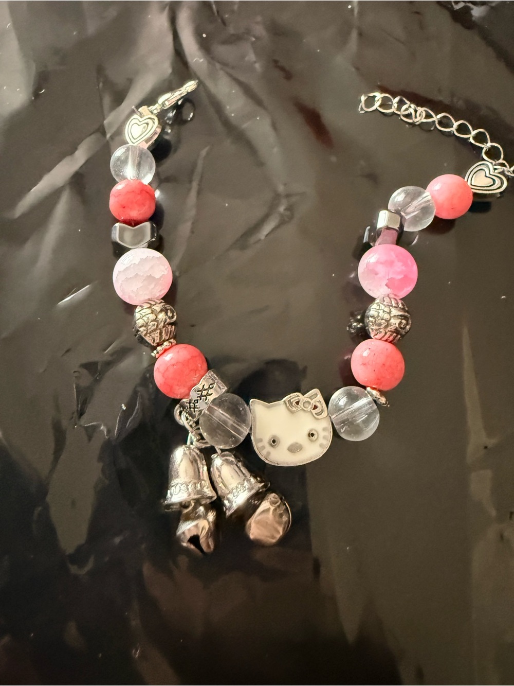 Pink Bead Charm bracelet with Silver Hello Kitty Pendant